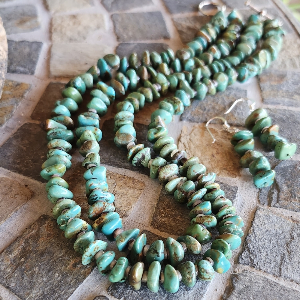 Sterling Silver Genuine Turquoise 2 strand Necklace Set